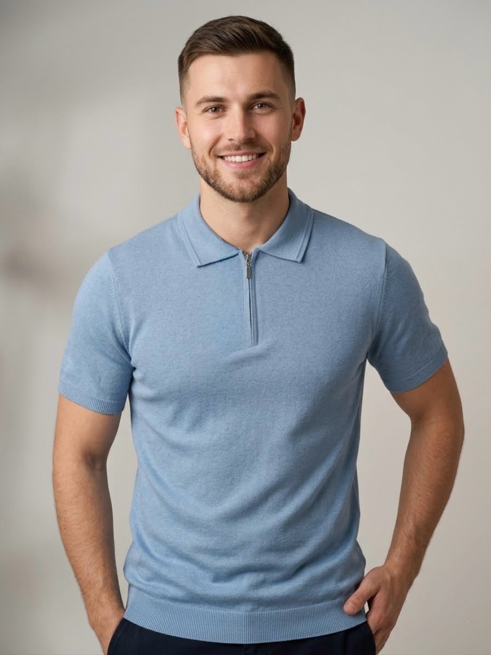 T.R. Premium Men’s Slim Fit Quarter-Zip Cotton Viscose Blend Knit Polo Shirt S/M